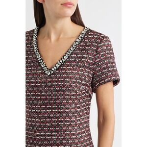 Sam Edelman Red Black White Tweed Rhinestone V-Neck Sheath Dress Size 6 NEW